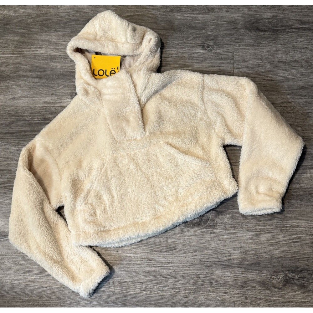 Lole Women’s Yana Sherpa Beige Cropped Button Snap Neck 1/4 Hoodie NWT $159‎ XS